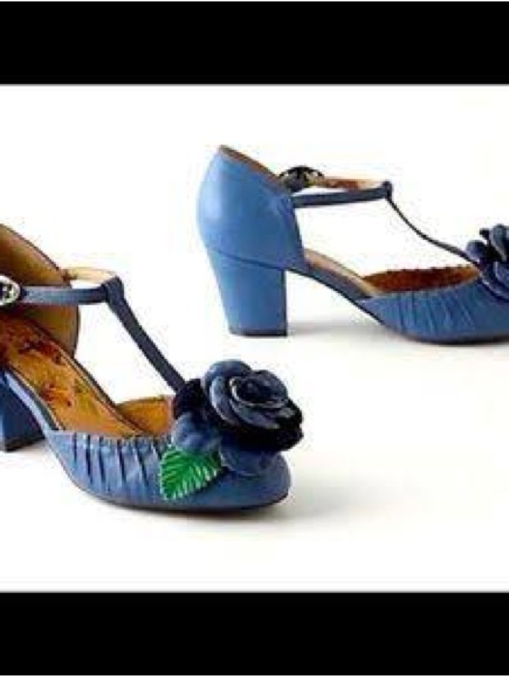 Blue T-Strap Mid-Heel Pumps with Floral Applique